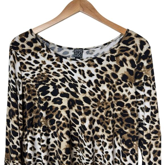 Clara Sunwoo Womens Size 1X Leopard Print Asymmetrical Hem Tunic Top 3/4 Sleeve - Picture 2 of 8